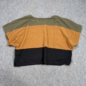 Jamie + The Jones Olive Green Color Block Raw Silk Cropped Blouse Women Size Sm